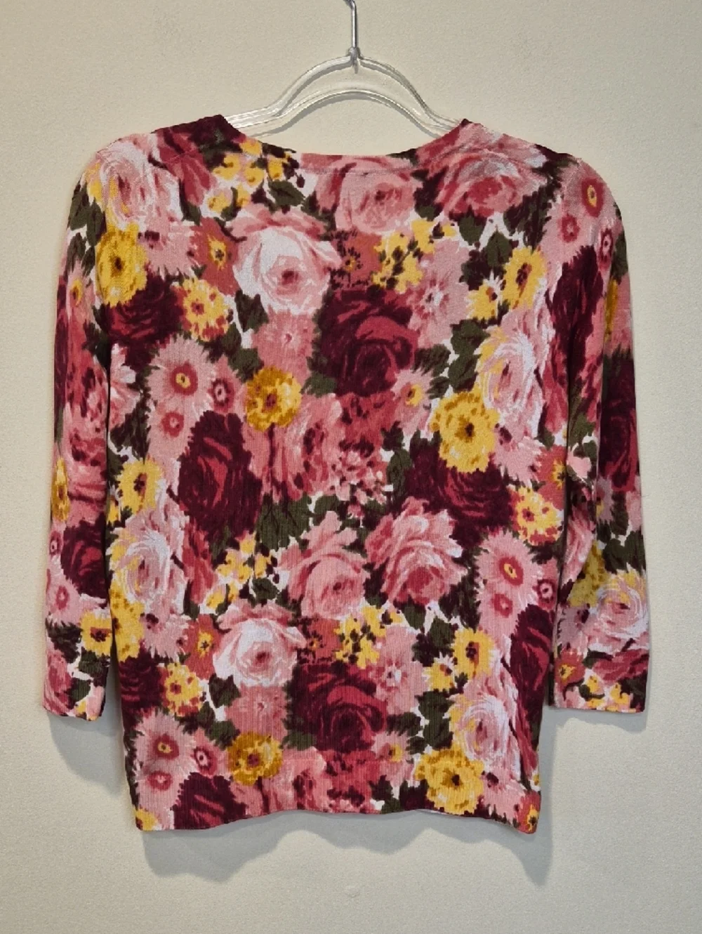 Talbots Silk/ Cotton  Floral Crewneck Cardigan in Pink, Yellow & Burgundy